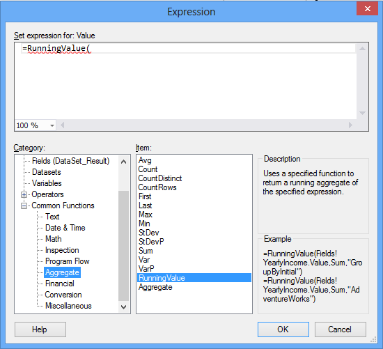 Shows how to select RunningValue function in expression window.